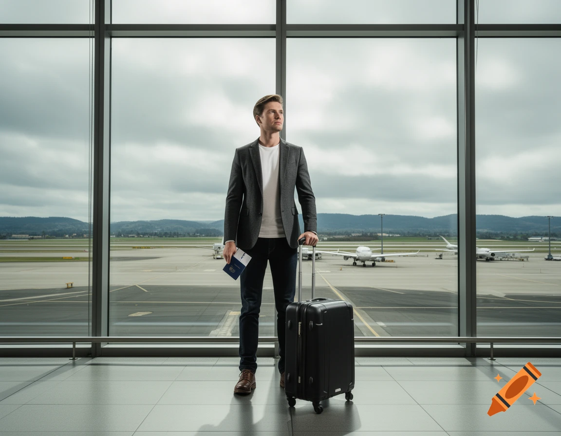 A man stands in an airport terminal, looking out a large window at planes on the tarmac, holding a passport and luggage.