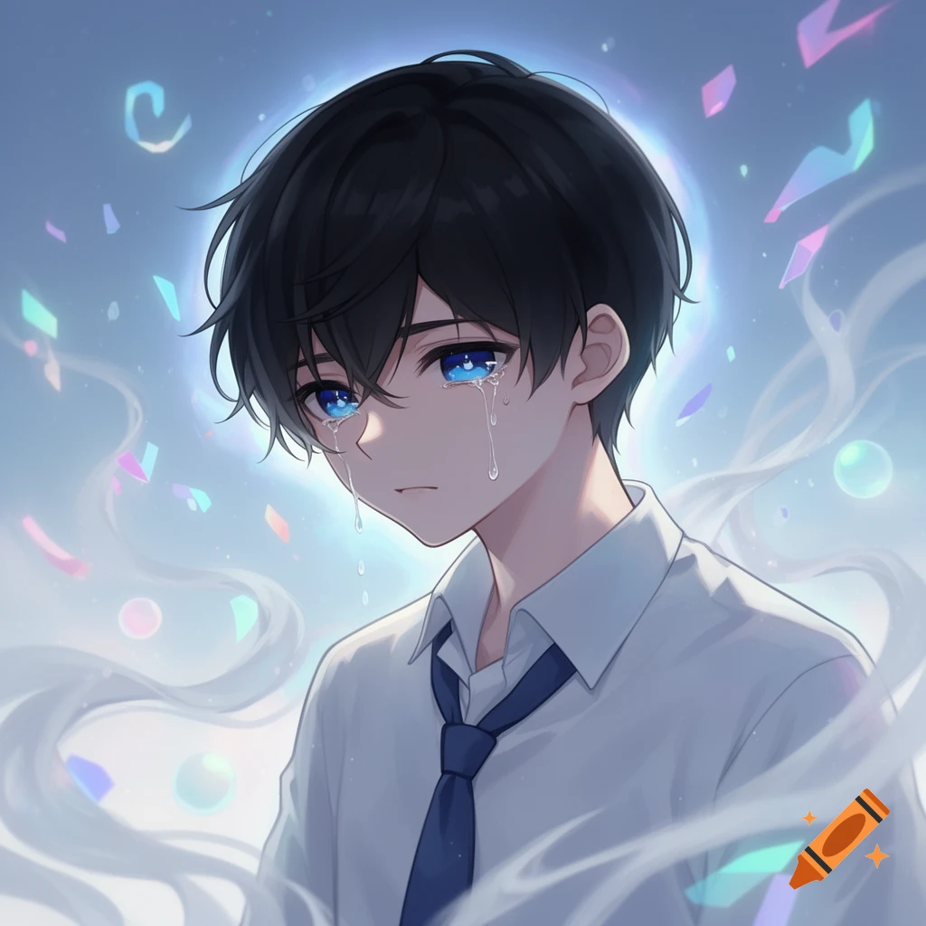 Anime-style illustration of a crying boy with black hair and blue eyes, wearing a white shirt and blue tie, surrounded by glowing geometric shapes.