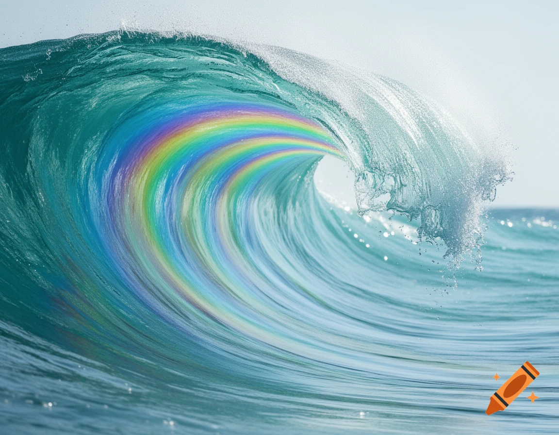 A large photorealistic ocean wave curls, revealing a vibrant rainbow inside its translucent barrel.