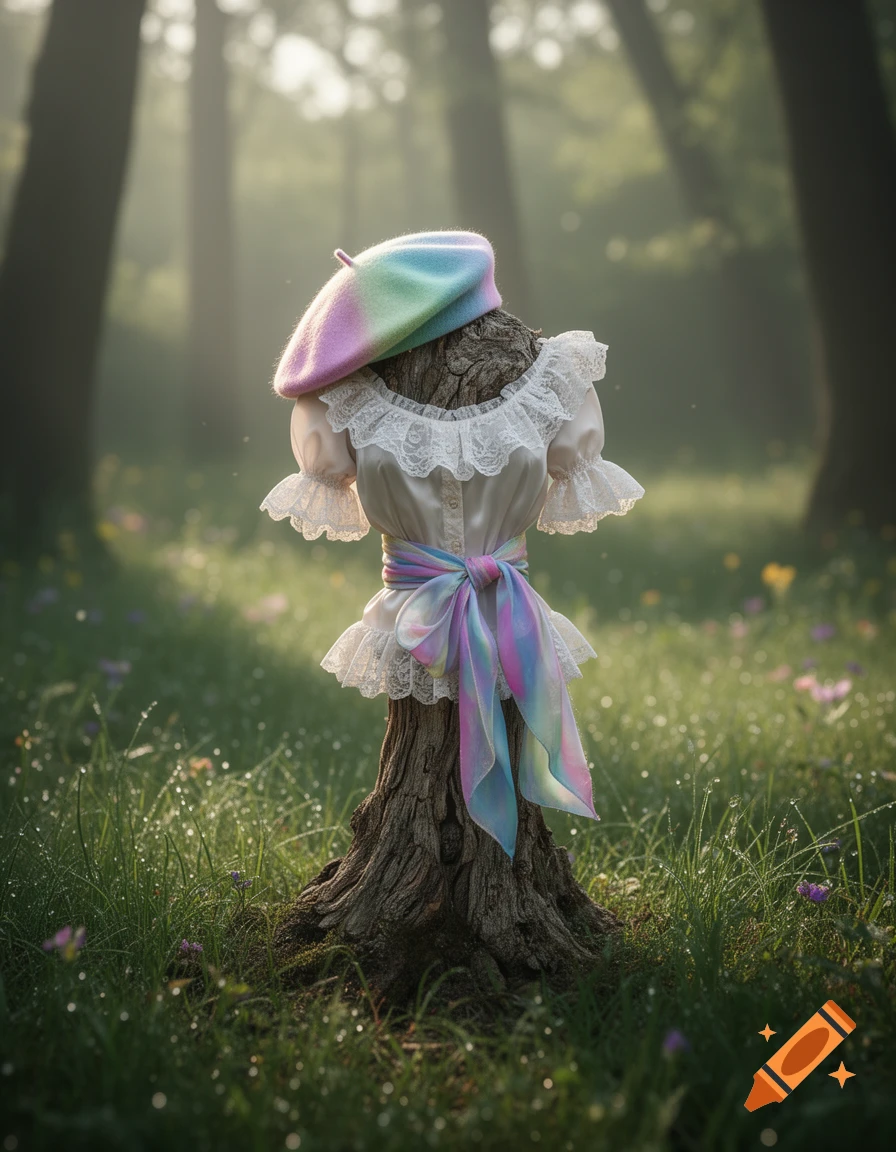 A tree stump in a misty forest clearing wears a frilly white dress with a rainbow-colored sash and a matching beret.