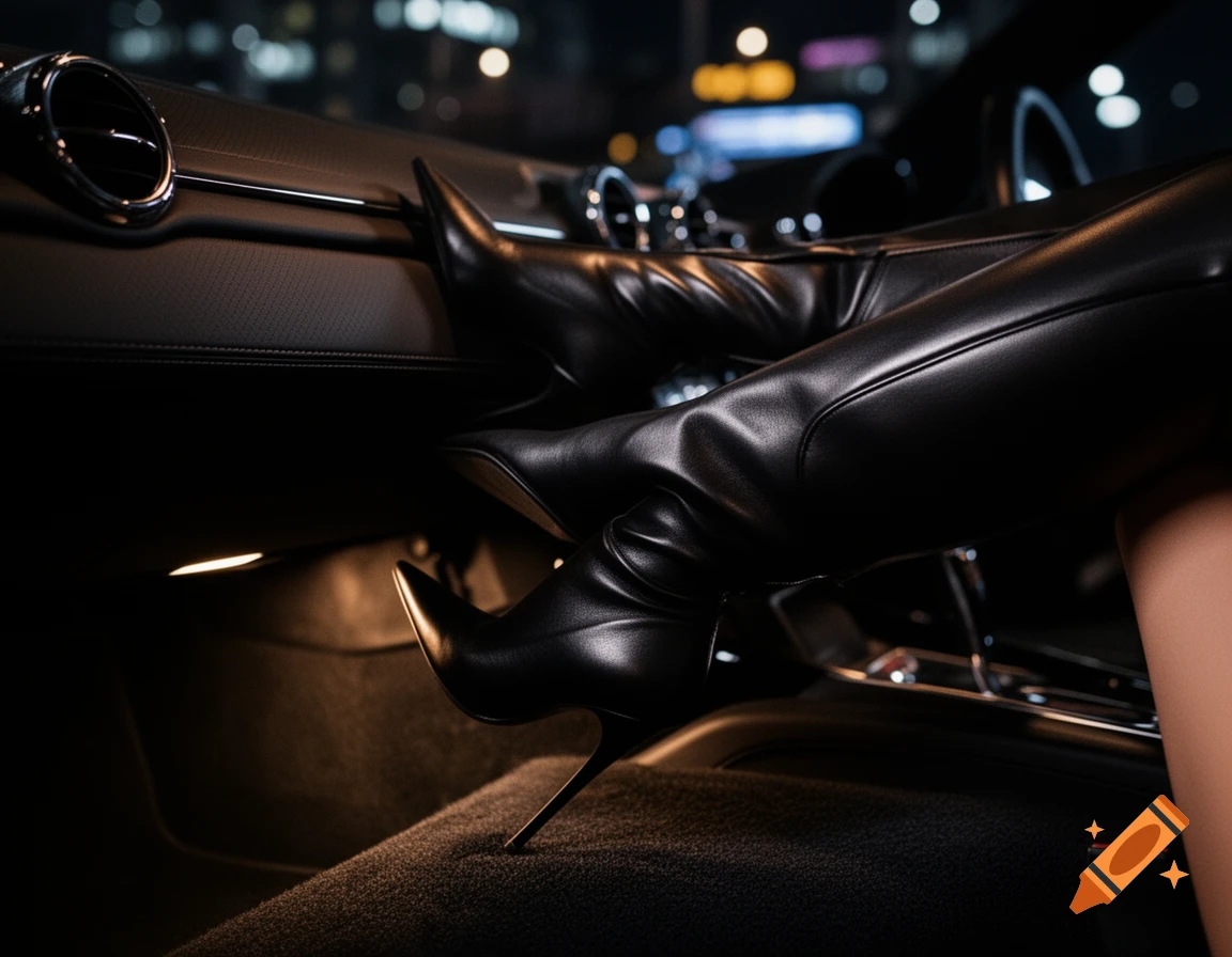 Close-up of a person's legs in black leather stiletto boots resting inside a luxurious car interior at night.