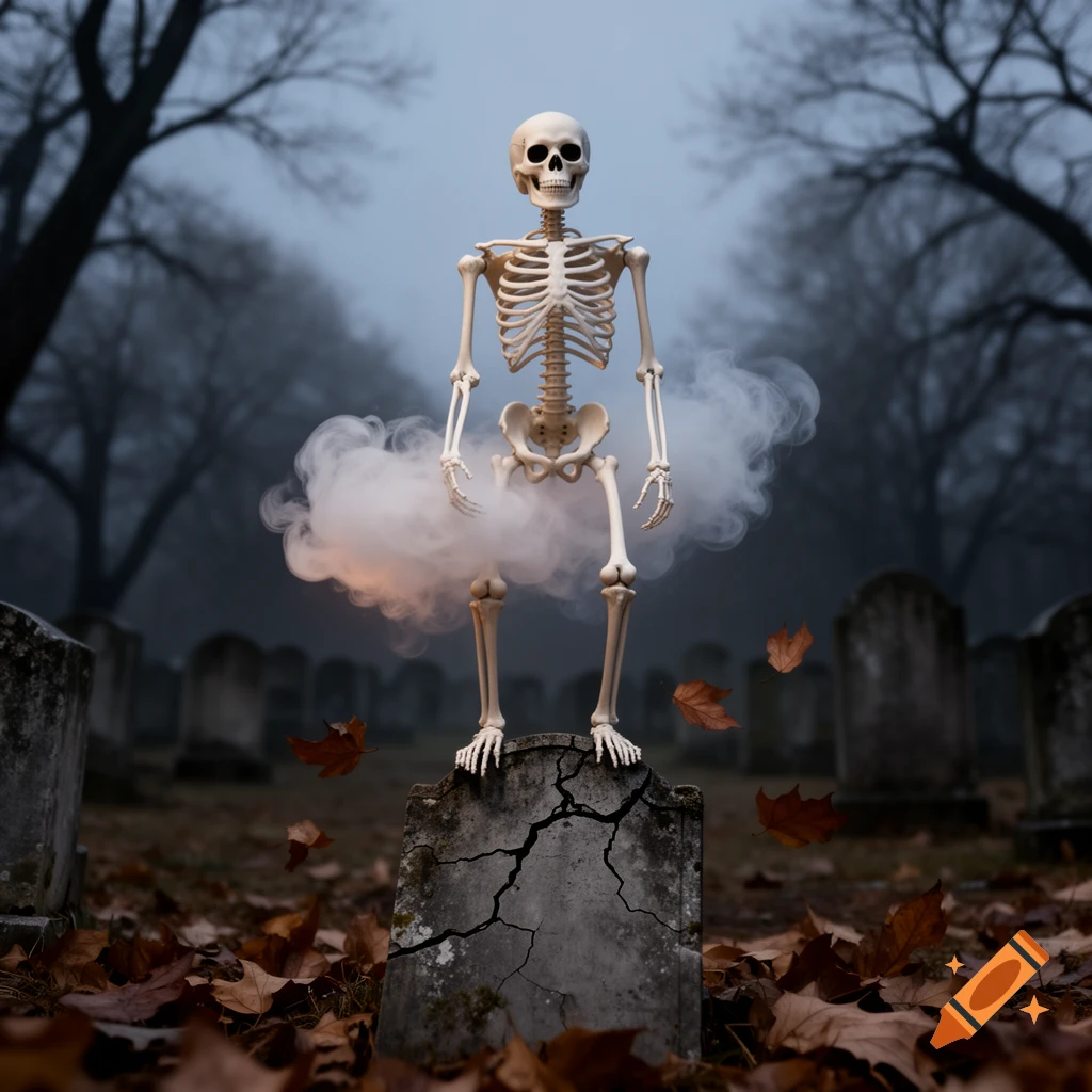 A skeleton stands on a cracked tombstone in a misty graveyard with autumn leaves, a white cloud around its midsection.