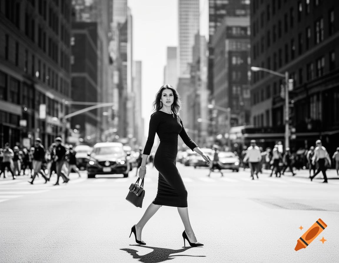 Stylish woman in a black dress and heels crossing a busy city street, black and white.