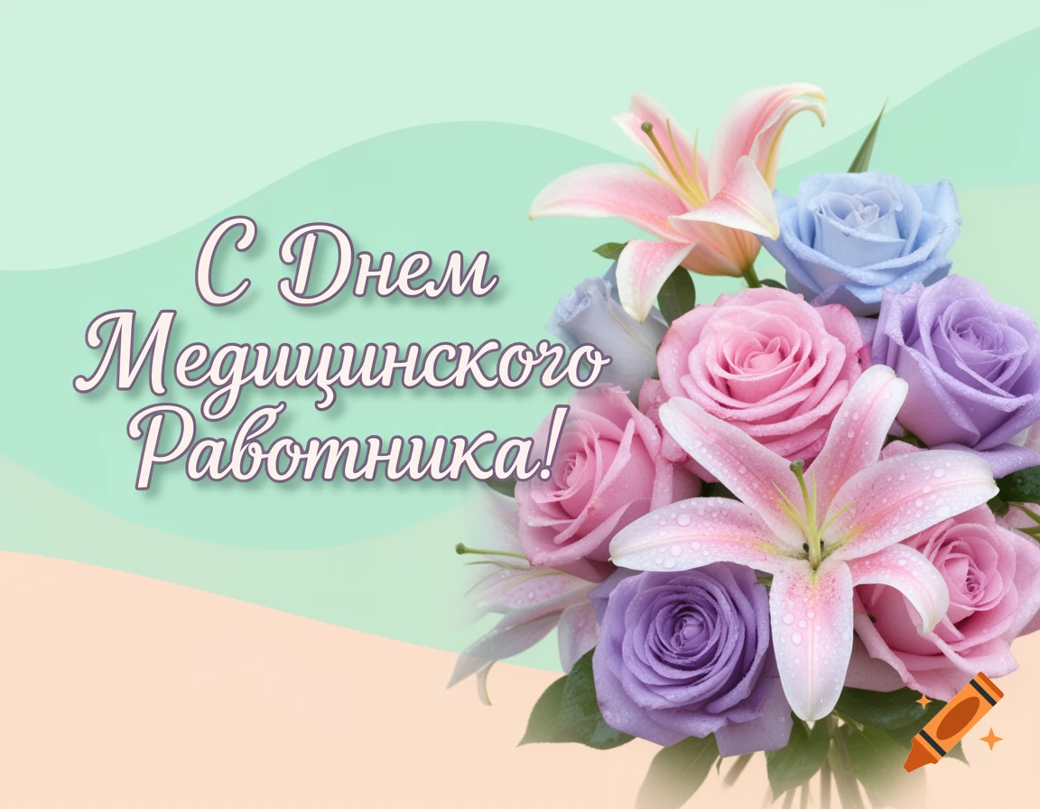 A vibrant bouquet of pink, blue, and purple roses and lilies with water droplets, on a pastel green and beige background, with Russian text 'Happy Medical Worker's Day!'