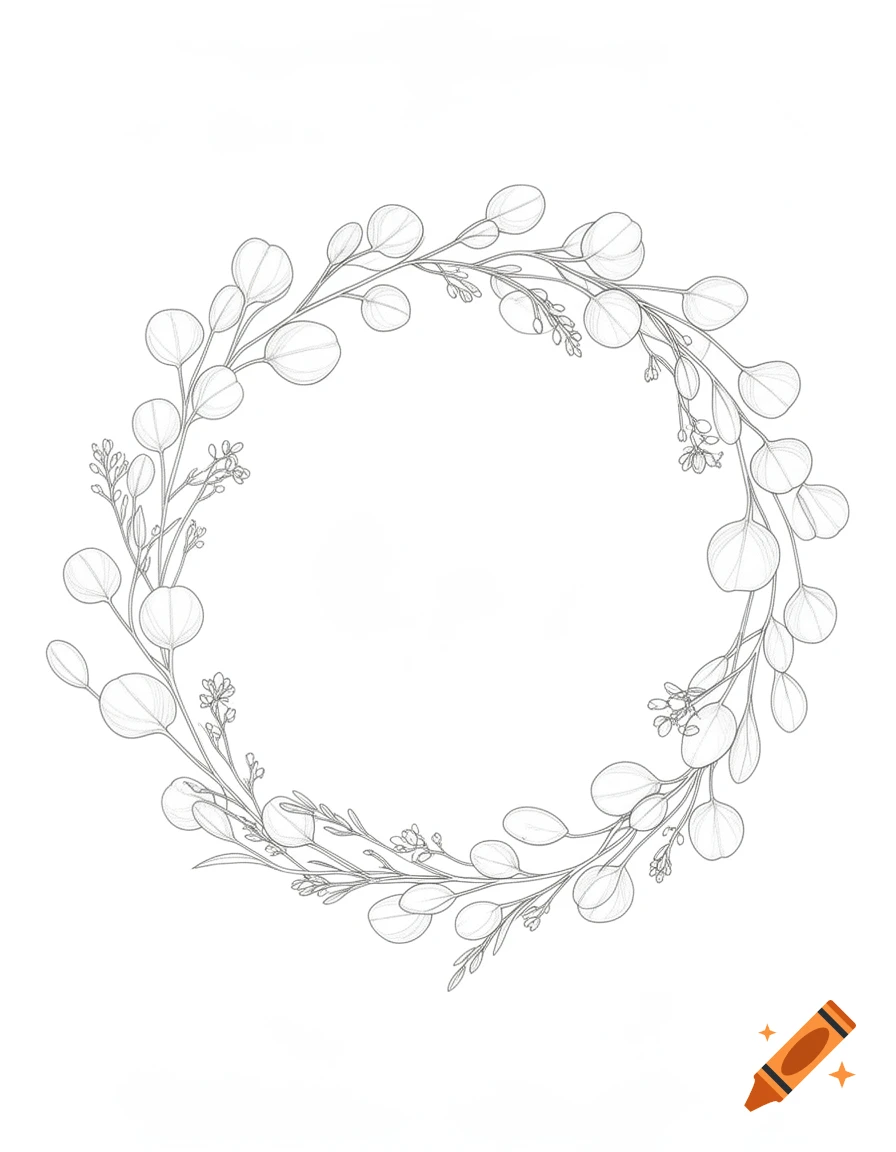 A minimalist line art drawing of a eucalyptus leaf wreath on a white background, designed as a calming coloring page.