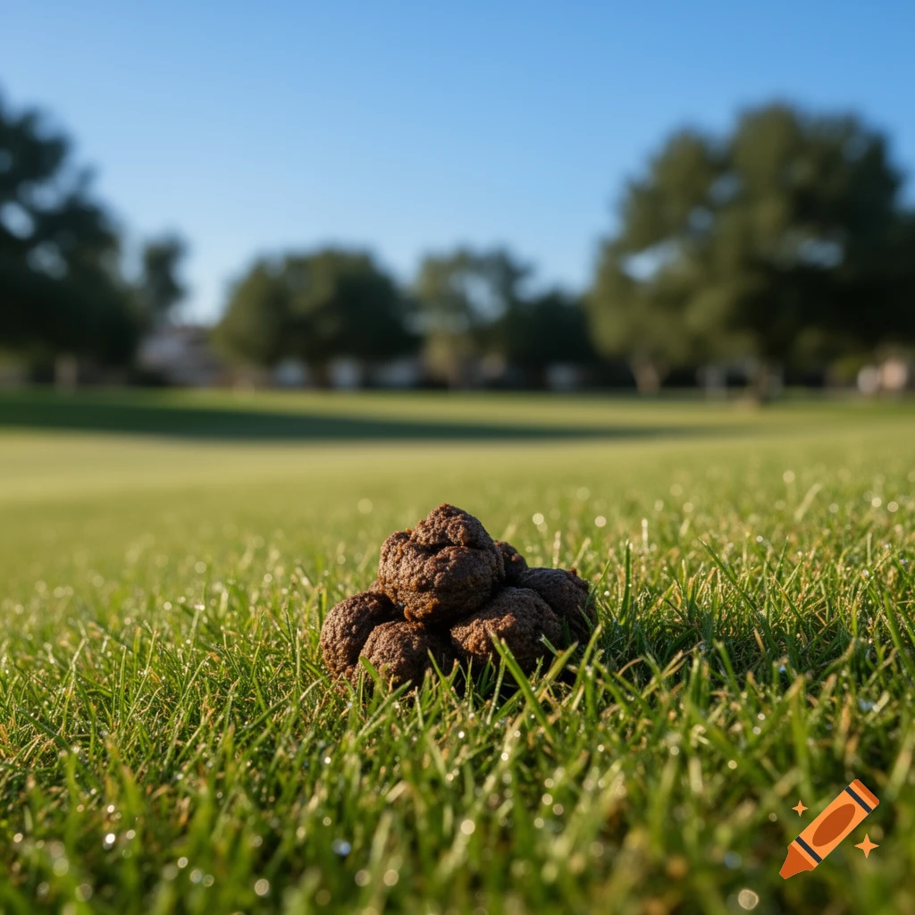 Photorealistic close-up of a pile of animal feces on vibrant green grass under a clear blue sky.