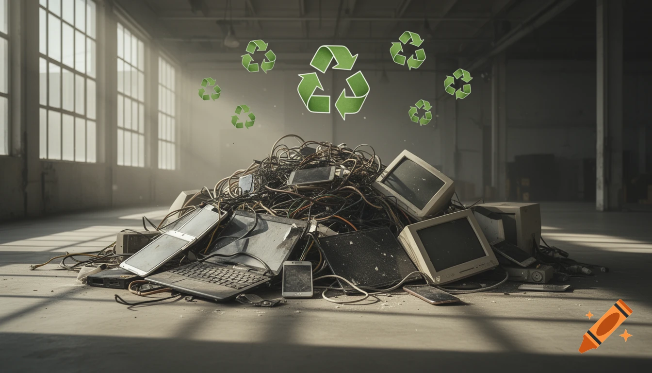 A large pile of electronic waste, including old computers, laptops, and phones, with green recycling symbols floating above, in a sunlit warehouse.