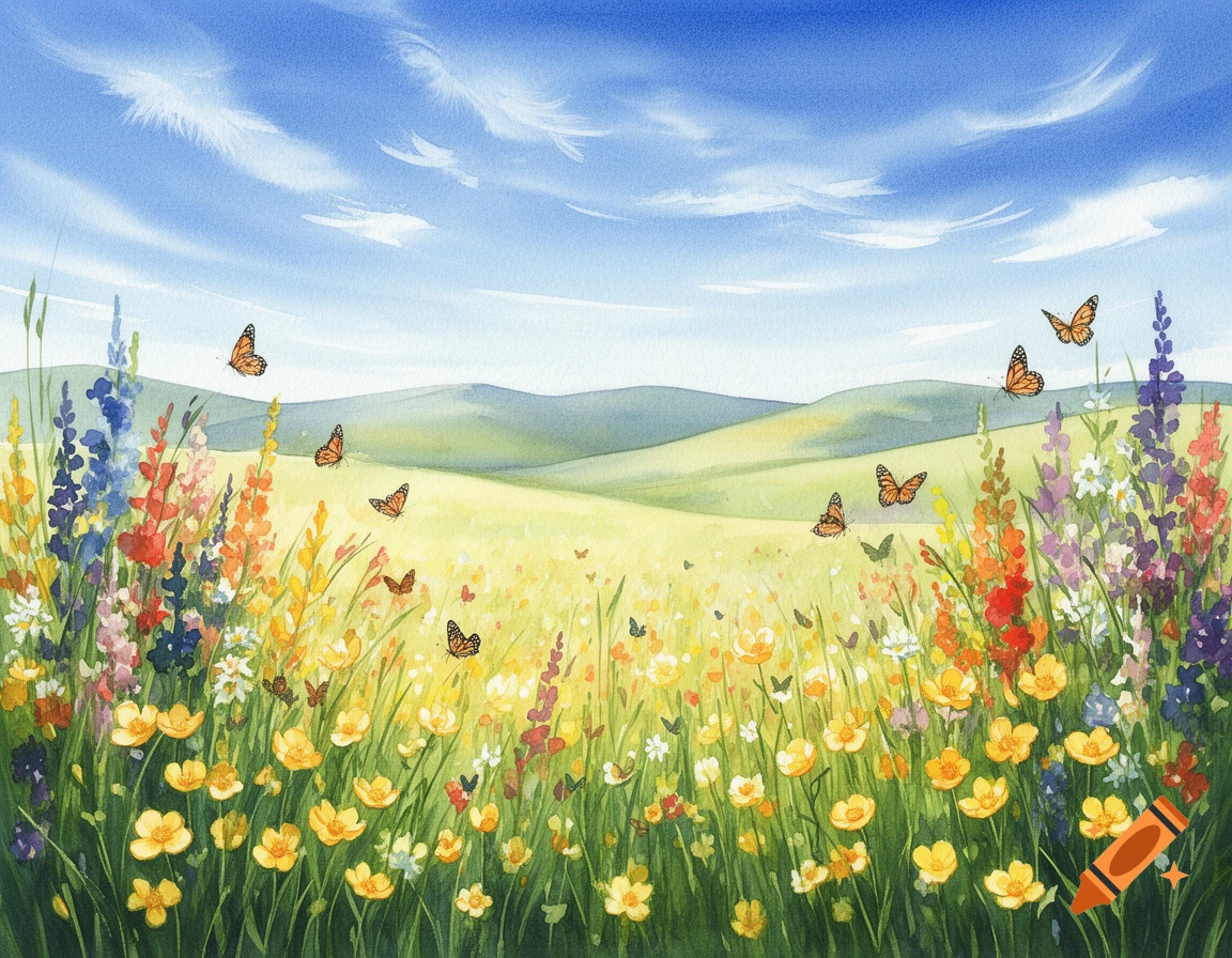Watercolor painting of a vibrant summer meadow with colorful wildflowers, green hills, blue sky, and monarch butterflies.