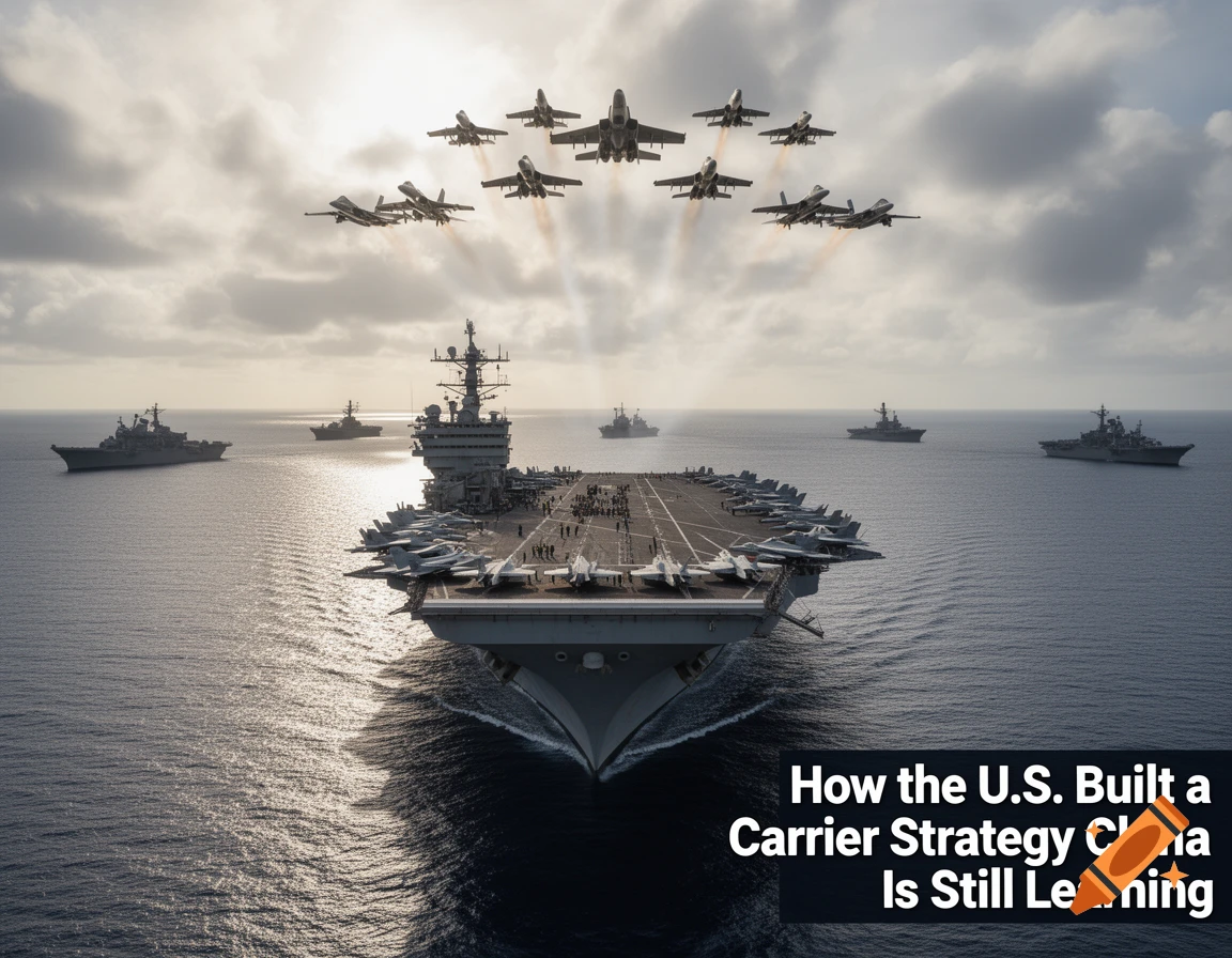 Photorealistic image of an aircraft carrier sailing in the ocean with fighter jets flying in formation overhead, flanked by other warships.
