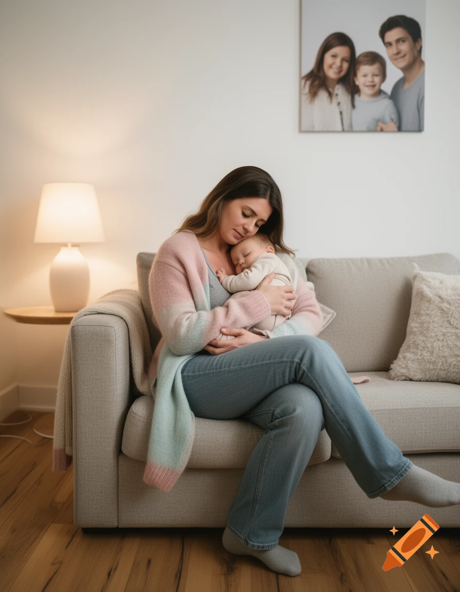 A mother sits on a sofa, gently cradling her sleeping baby in her arms. A family photo hangs on the wall.