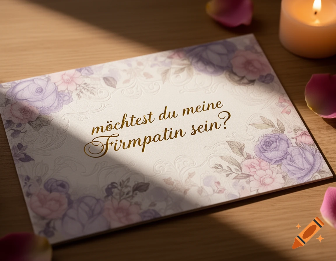 Greeting card with floral patterns and gold text 'm n firmpatin sein?' on a wooden table, with rose petals and a lit candle.