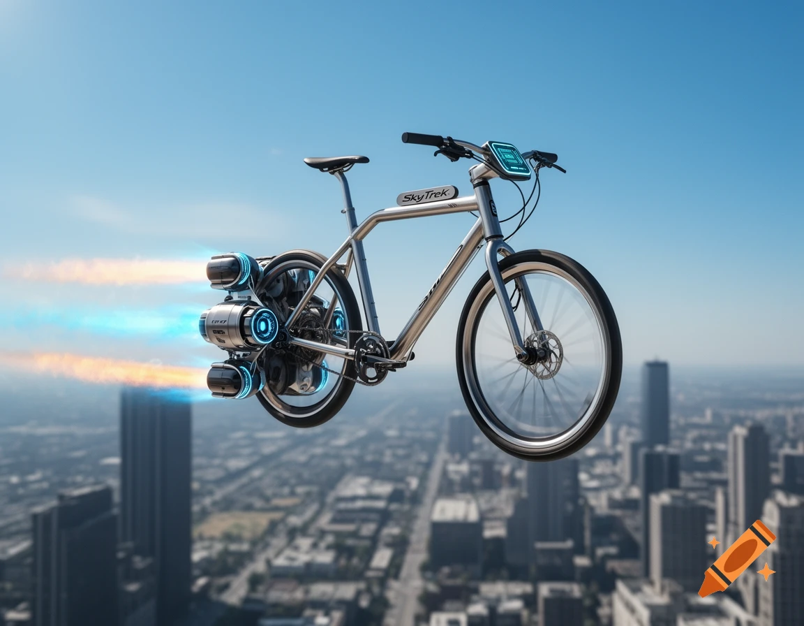 A silver futuristic bicycle with jet engines flies high above a sprawling city under a clear blue sky.