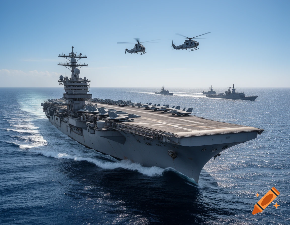 A large aircraft carrier with fighter jets on its deck sails through the ocean, flanked by two helicopters and other warships in the distance, under a clear blue sky.