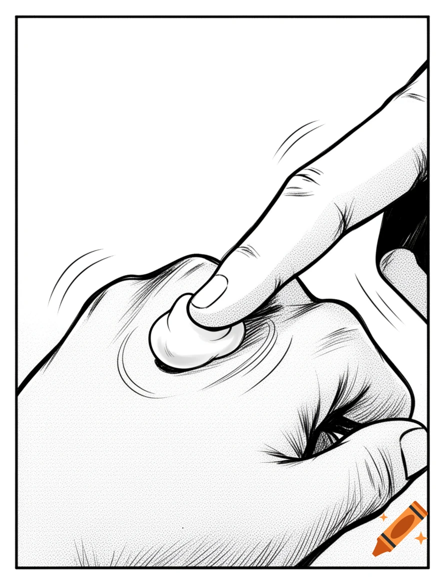 A black and white comic-style illustration of a finger applying cream to the back of another hand.