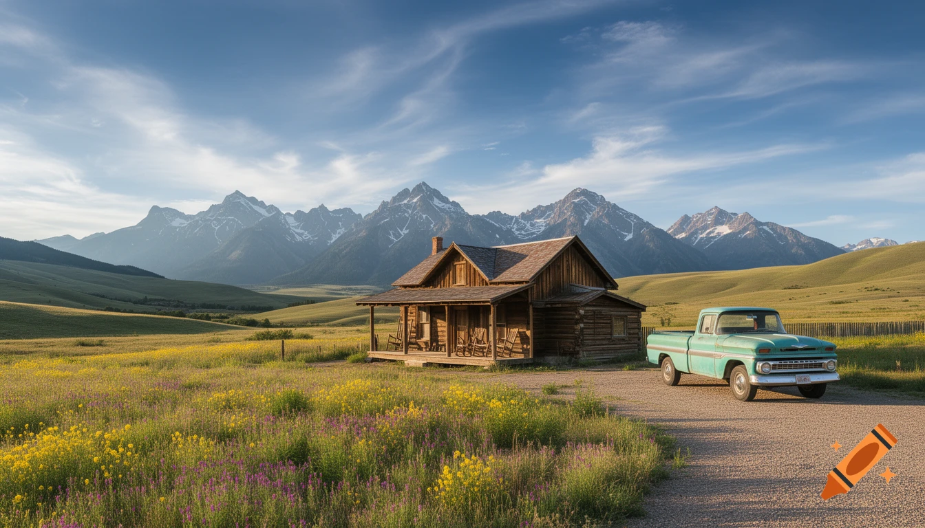 A panoramic view of a rustic log cabin with a vintage teal pickup truck parked on a dirt road, set against a backdrop of rolling green hills and majestic snow-capped mountains under a clear sky.