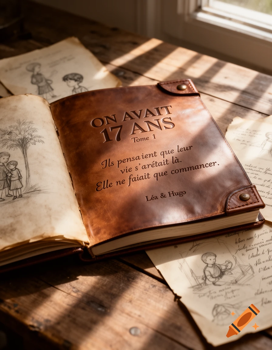 Close-up of an open brown leather-bound book titled 'ON AVAIT 17 ANS' on a wooden table, with handwritten pages