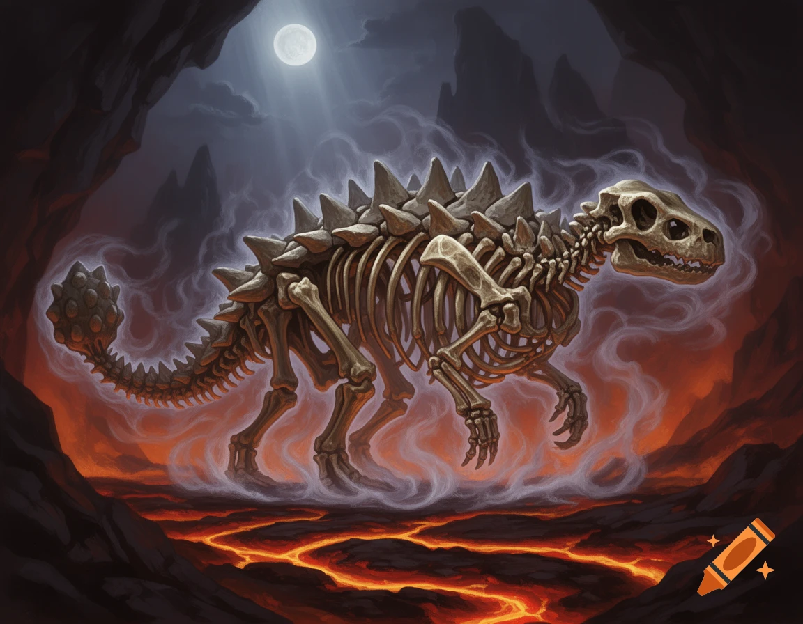 Skeletal ankylosaurus dinosaur in a dark cave with a full moon, walking on molten lava, in fantasy art style.