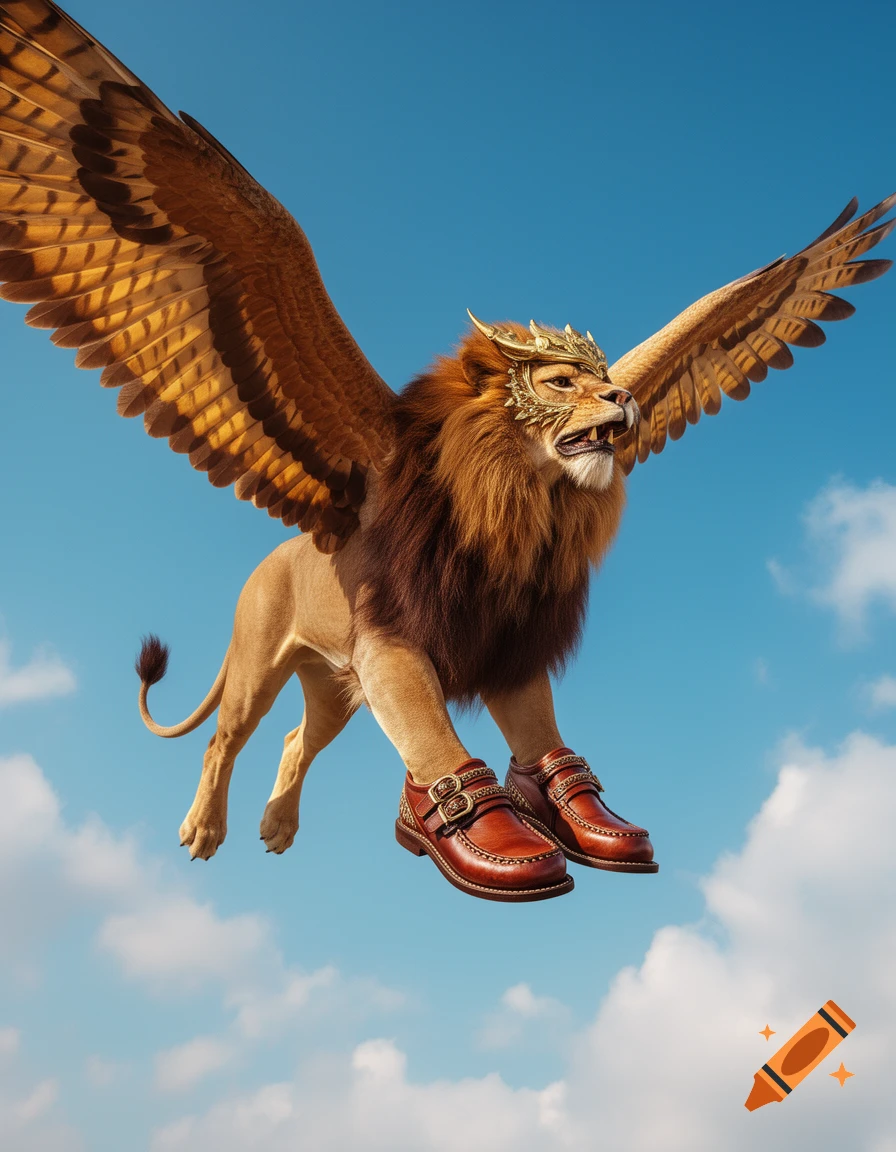 A photorealistic winged lion wearing brown shoes and a golden mask flies in a blue sky with white clouds.