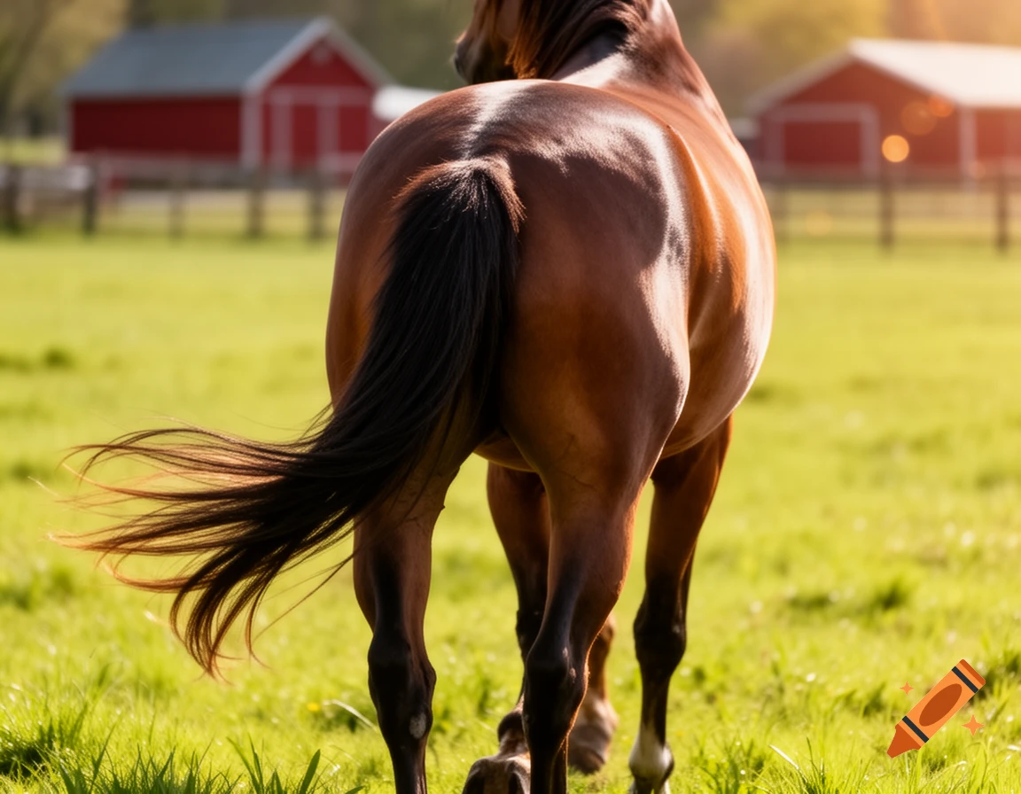 A brown horse, seen from behind, stands in a vibrant green field with red barns in the sunlit background.