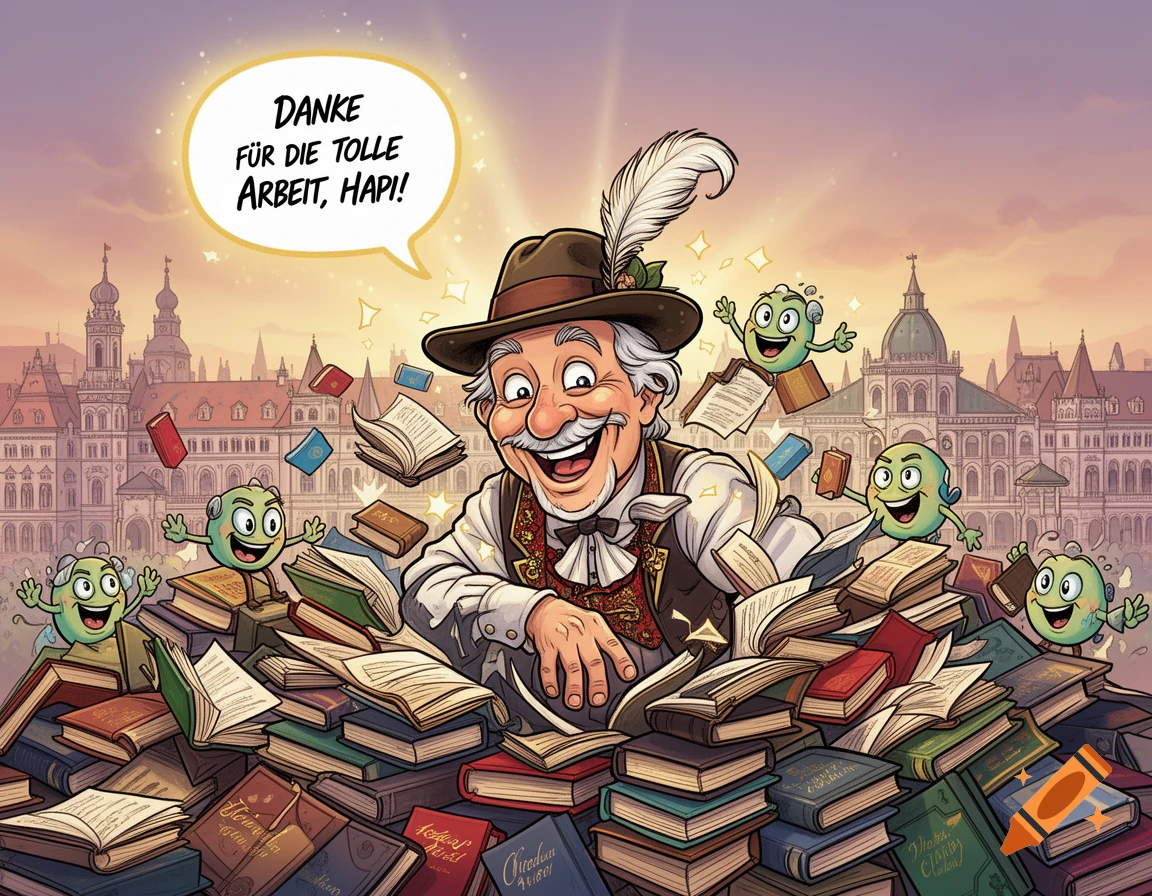 A cartoon illustration of an old, smiling man with a feathered hat surrounded by piles of books and small green creatures, with a city skyline in the background. A speech bubble says "DANKE FÜR DIE TOLLE ARBEIT, HAPI!"