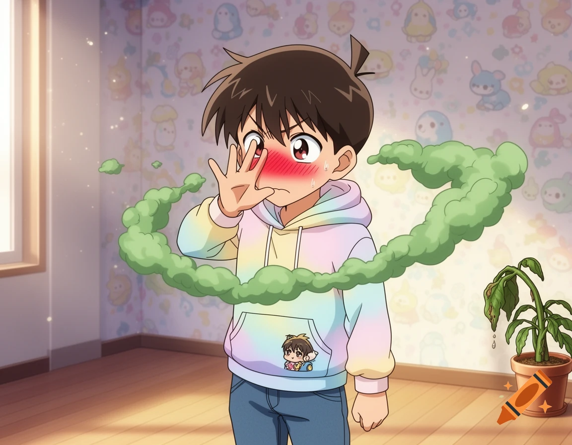 An embarrassed anime boy, blushing with a hand covering his face, stands amidst green fumes while a wilting plant sits nearby in a room with cartoon wallpaper.