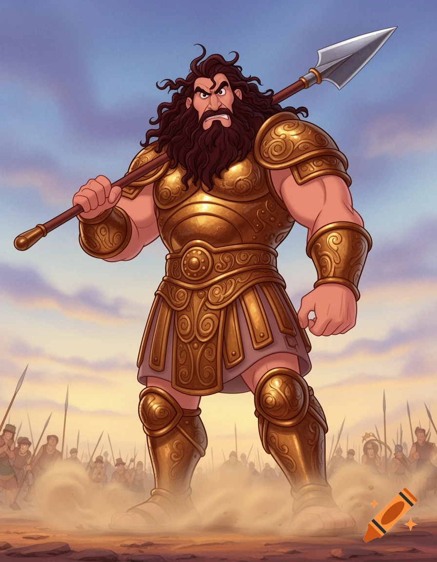 Disney-style drawing of an angry, giant warrior Goliath in golden armor, holding a spear, standing on a dusty battlefield.