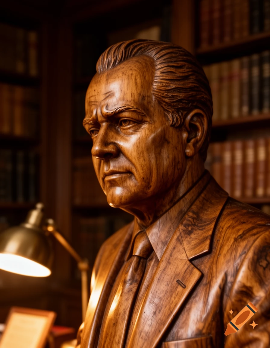 A detailed wooden bust of a man in a suit, lit by a desk lamp, with bookshelves in the blurred background.