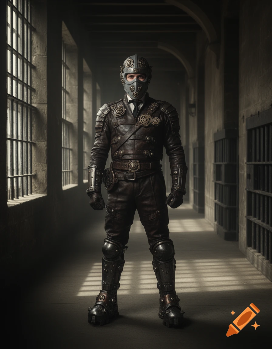 A man in elaborate steampunk riot gear with a grey mask stands in a dimly lit prison hallway.