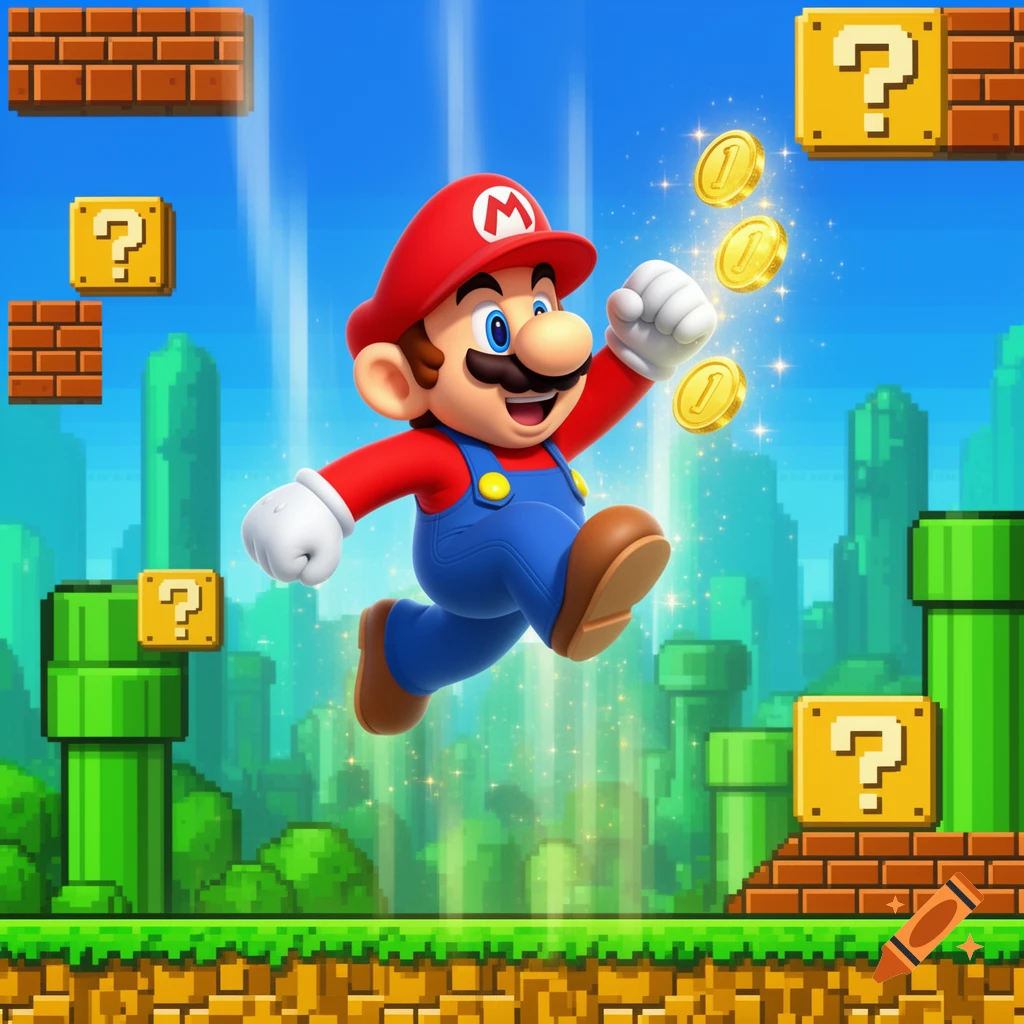 Mario jumps excitedly, collecting gold coins in a vibrant, pixelated video game world with green pipes and question mark blocks.