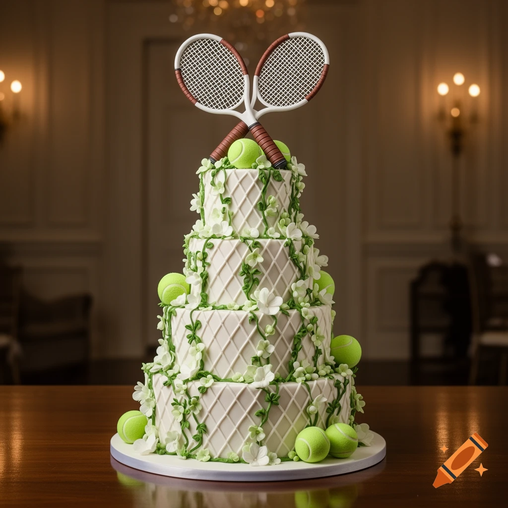 A four-tiered white wedding cake decorated with green vines, white flowers, and tennis balls, topped with two crossed tennis rackets.