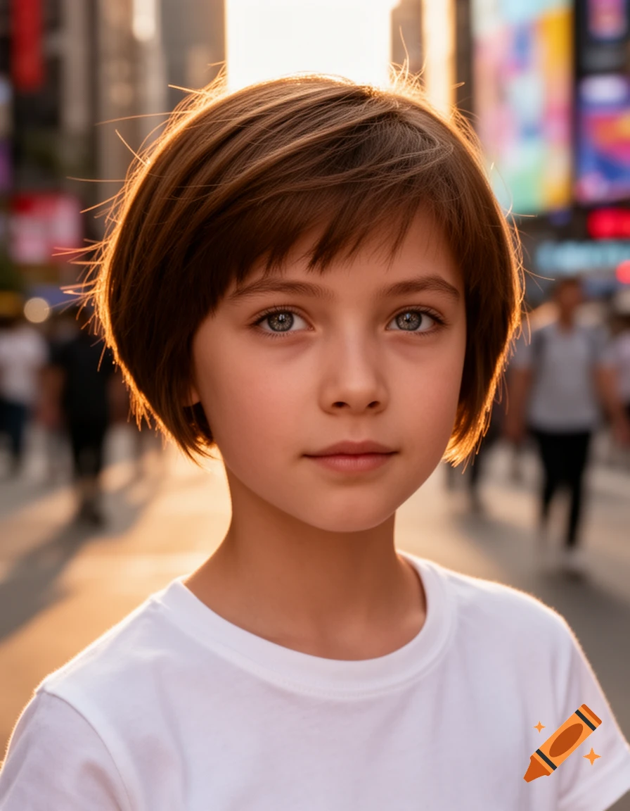 Photorealistic portrait of a young girl with short brown hair and blue eyes in a sunlit city street.