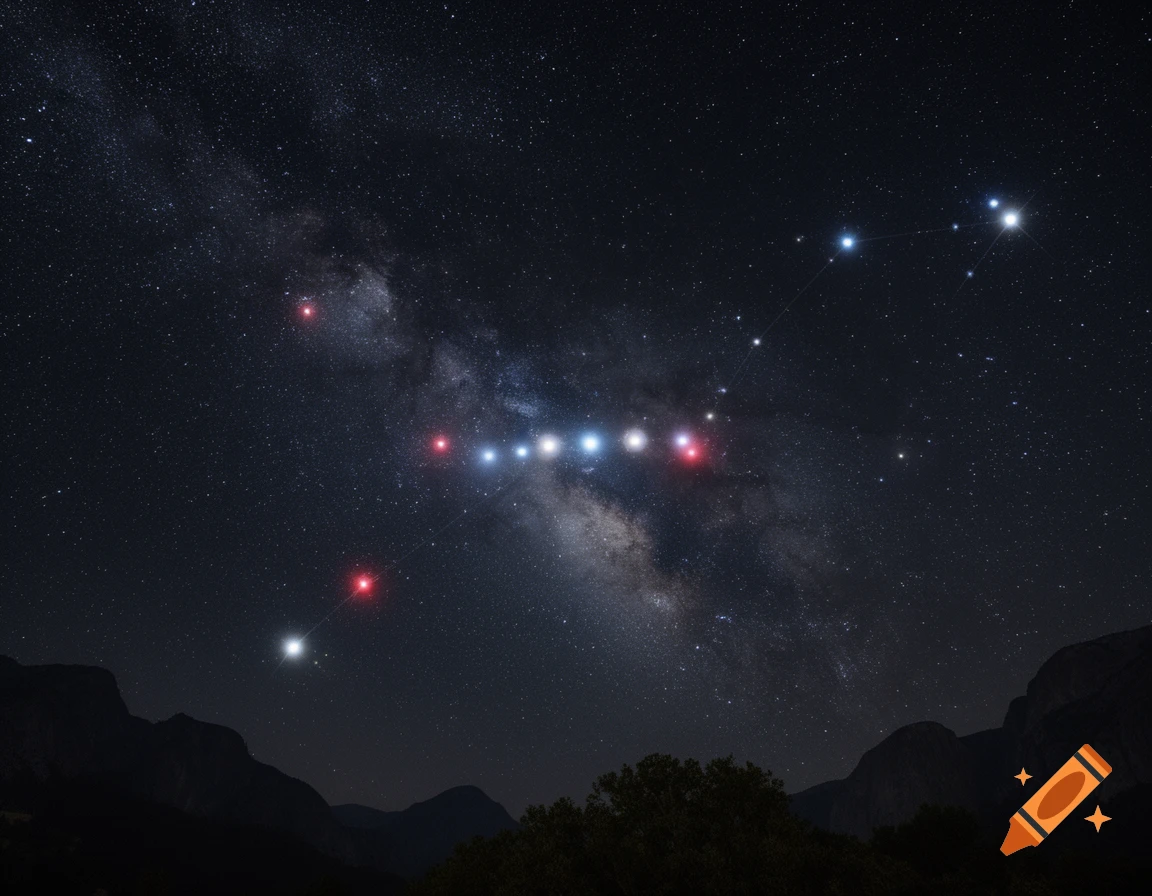 A panoramic night sky with the Milky Way galaxy stretching across, silhouetted mountains and trees below, and bright stars connected to form a constellation.