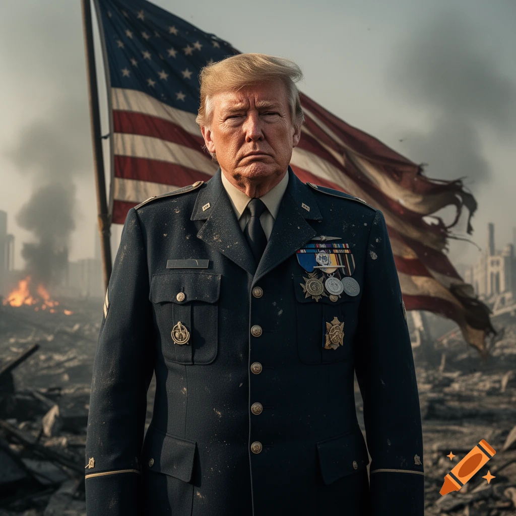Photorealistic image of Donald Trump in a dusty, dark military uniform adorned with medals, standing in a destroyed cityscape with a tattered American flag behind him.