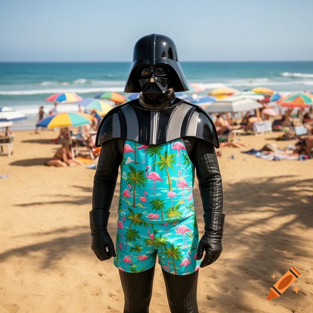 Darth Vader in a blue flamingo swimsuit stands on a sunny beach with beachgoers and umbrellas.