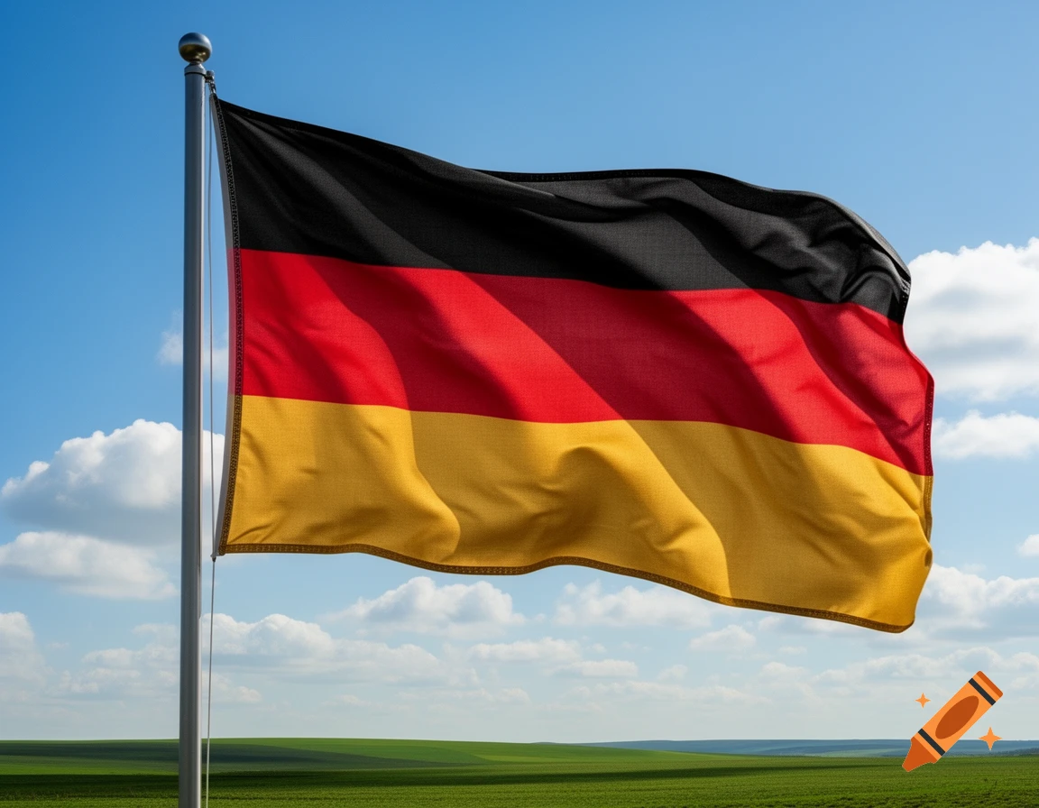 German flag with black, red, and gold stripes waving from a flagpole against a blue sky over a green field.