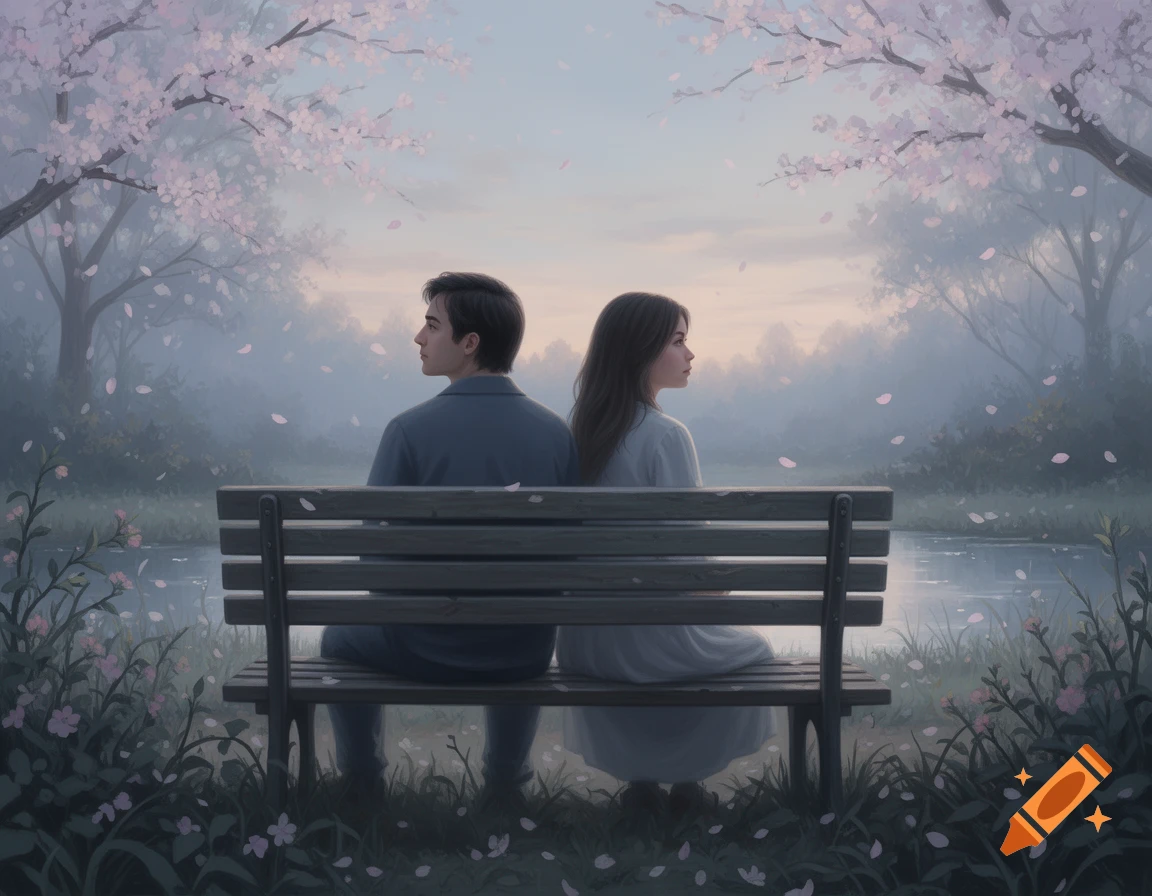 Digital painting of a man and woman sitting back-to-back on a park bench in a melancholic, misty park with cherry blossoms.