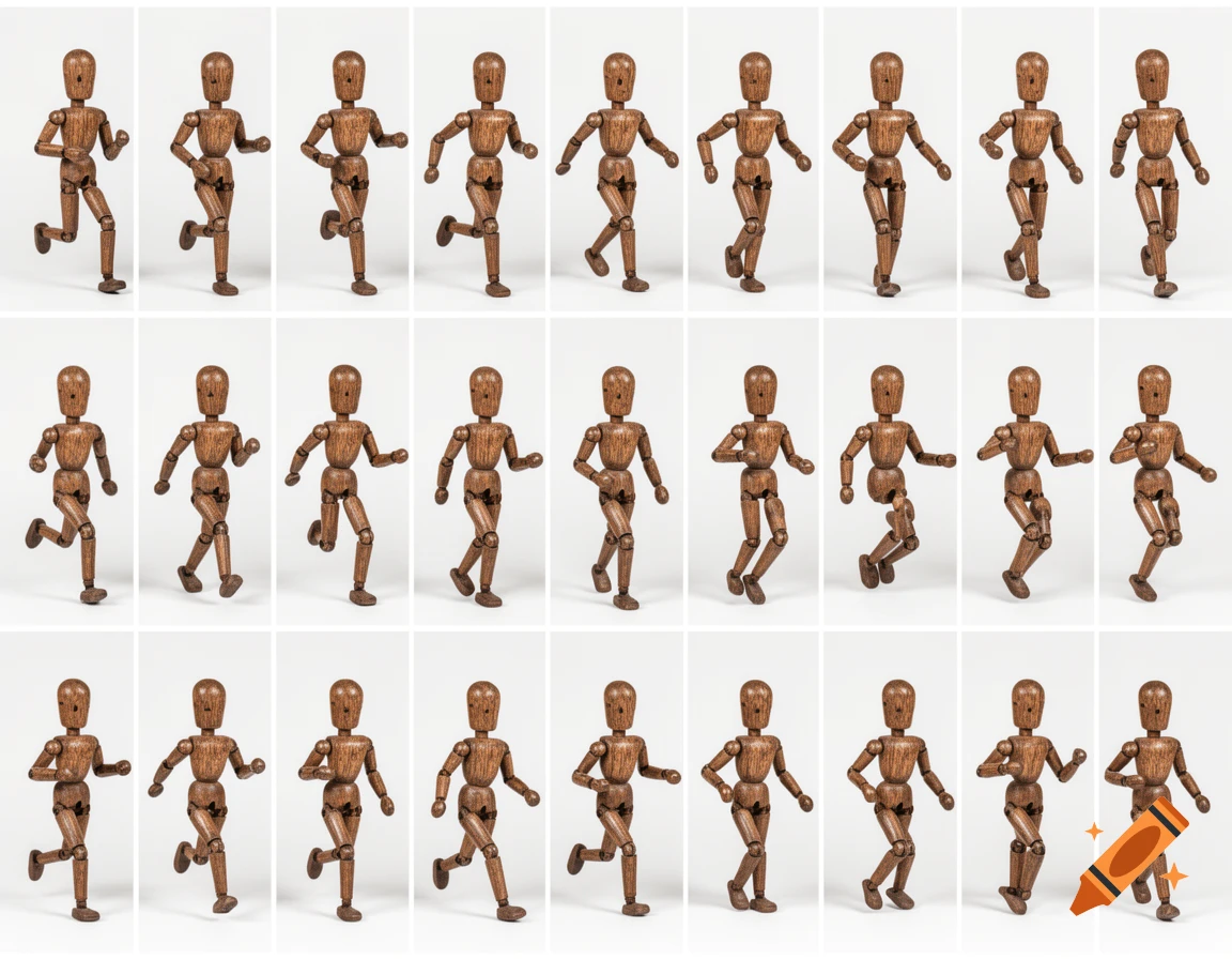 Grid of 24 identical brown wooden articulated puppets in various running and walking poses against a white background.