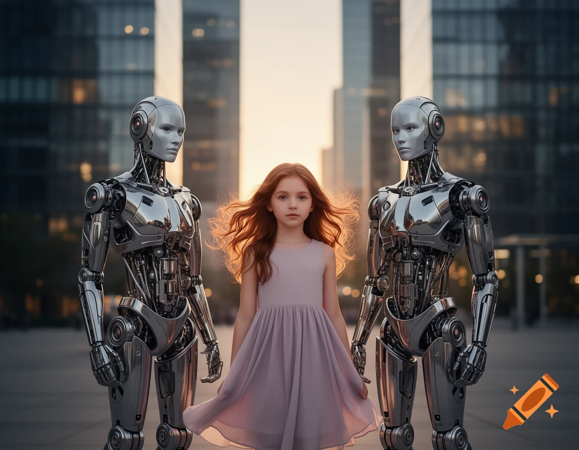 A young girl with flowing red hair stands between two large, metallic humanoid robots in a modern city at sunset, looking forward.