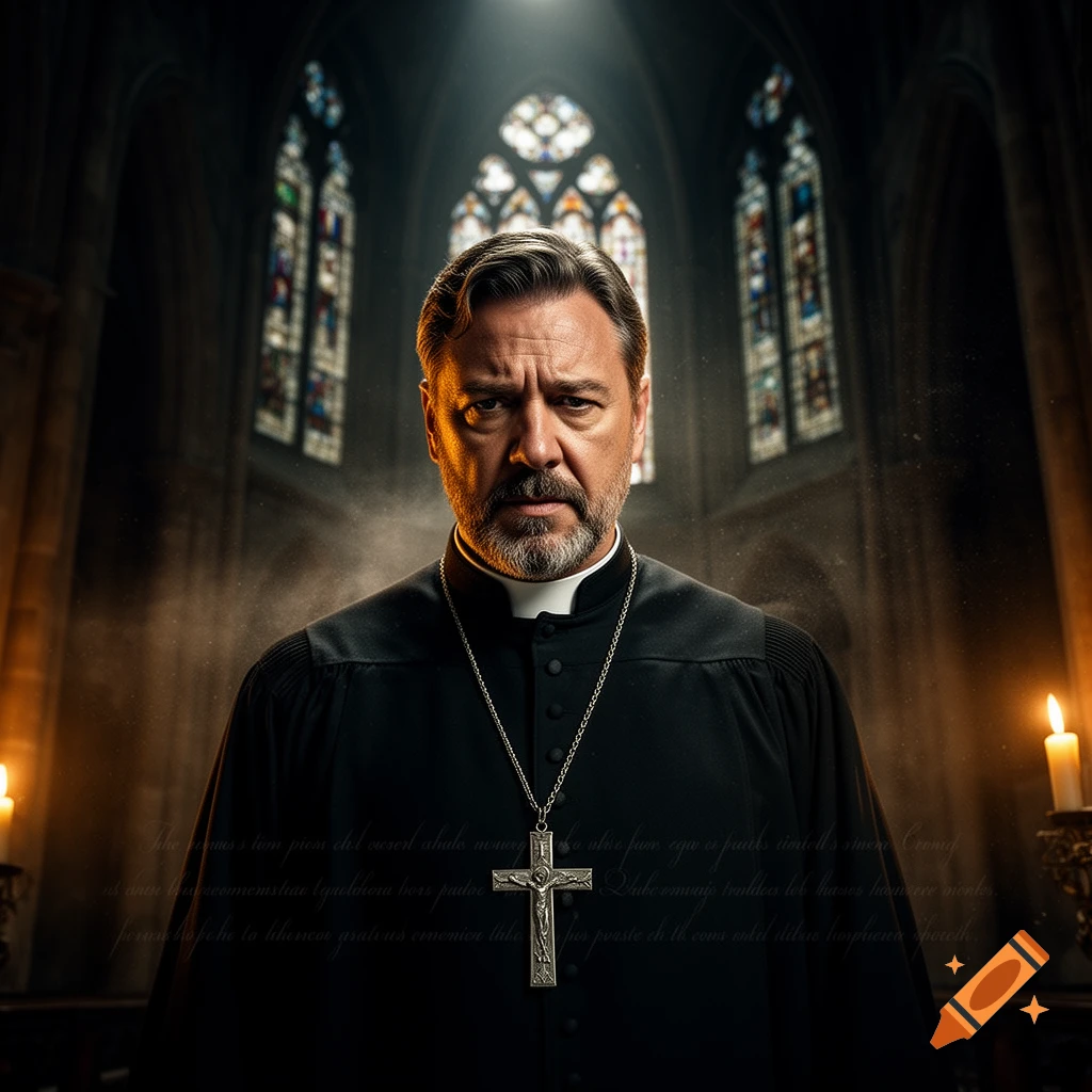Photorealistic portrait of Russell Crowe as a stern priest in a gothic church, wearing a black cassock and a crucifix.