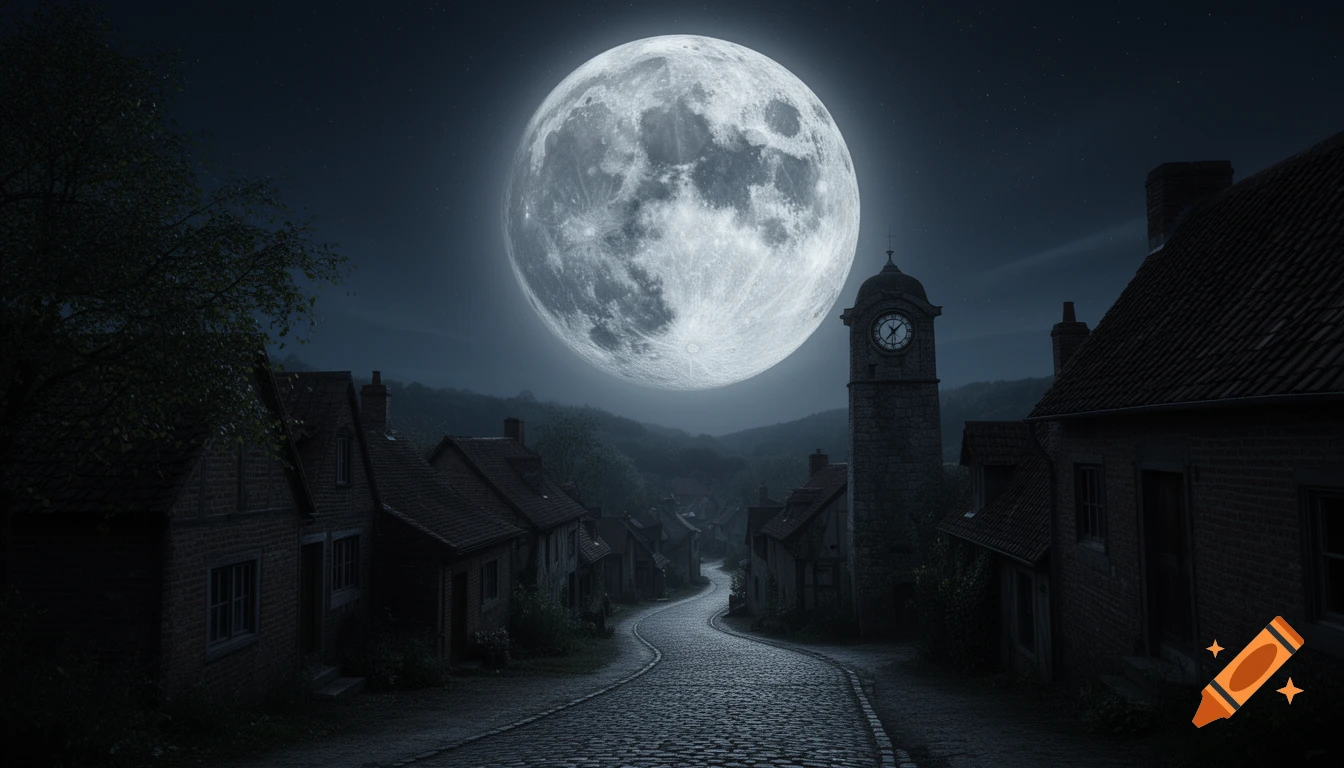 A massive, luminous full moon looms over a cobblestone street winding through a dark, medieval village with a clock tower at night.
