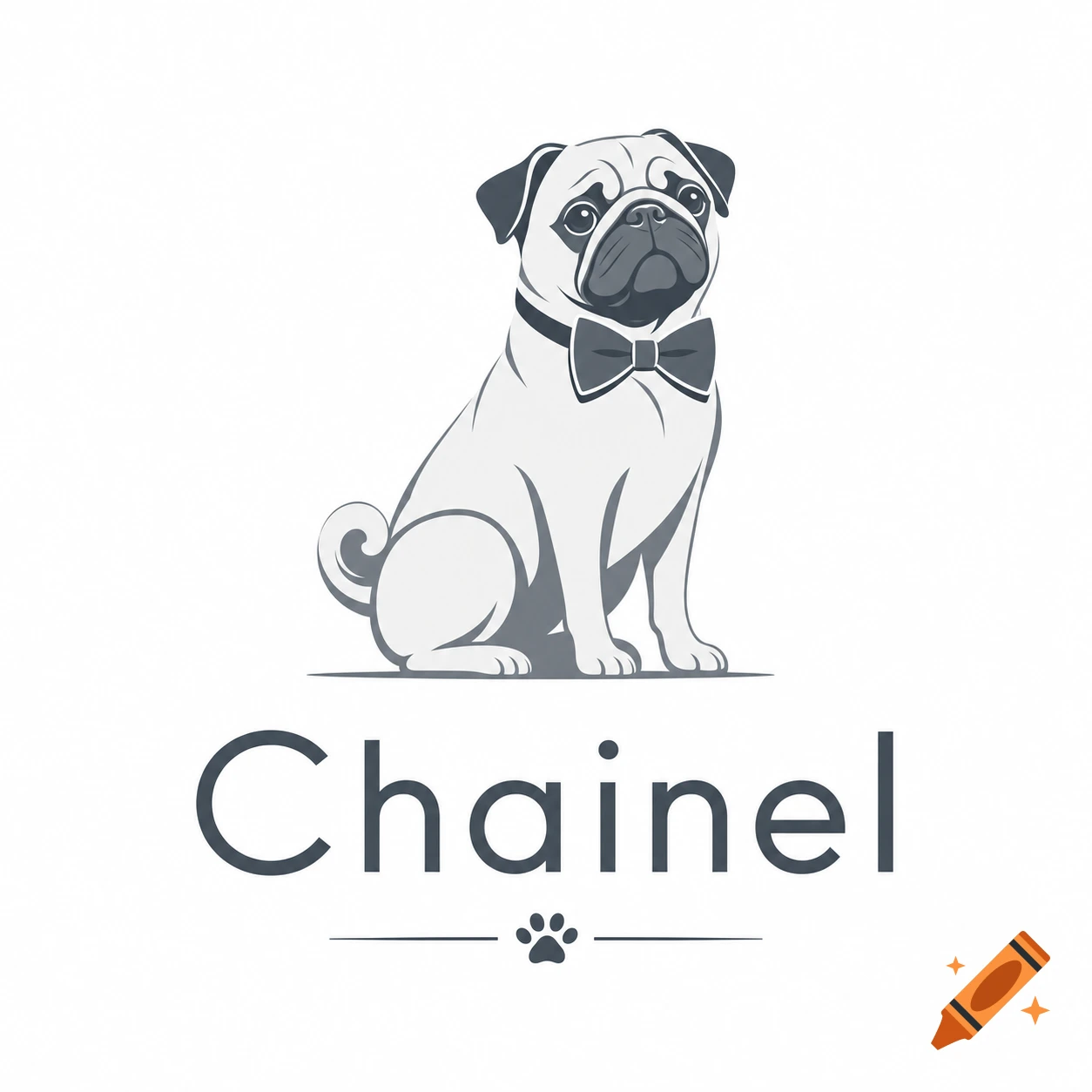 Minimalist monochromatic illustration of a pug dog wearing a bow tie, sitting above the text 'Chainel' and a paw print.