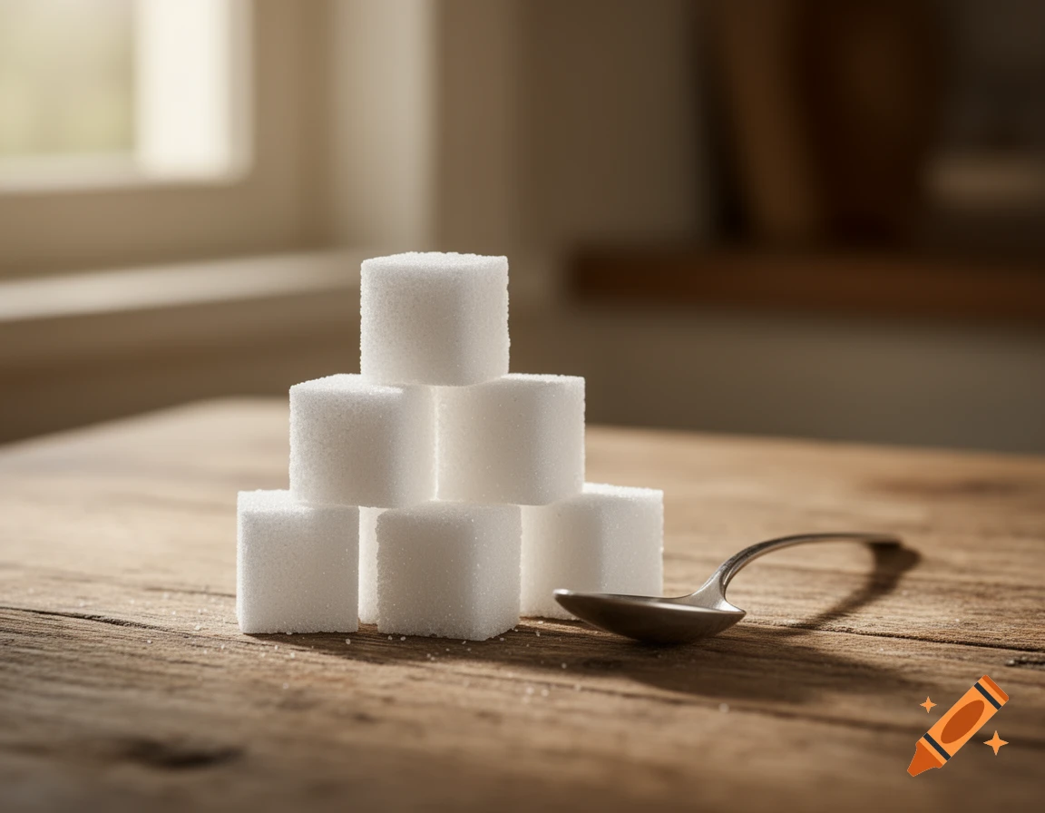 A stack of white sugar cubes and a silver spoon on a rustic wooden table by a window.