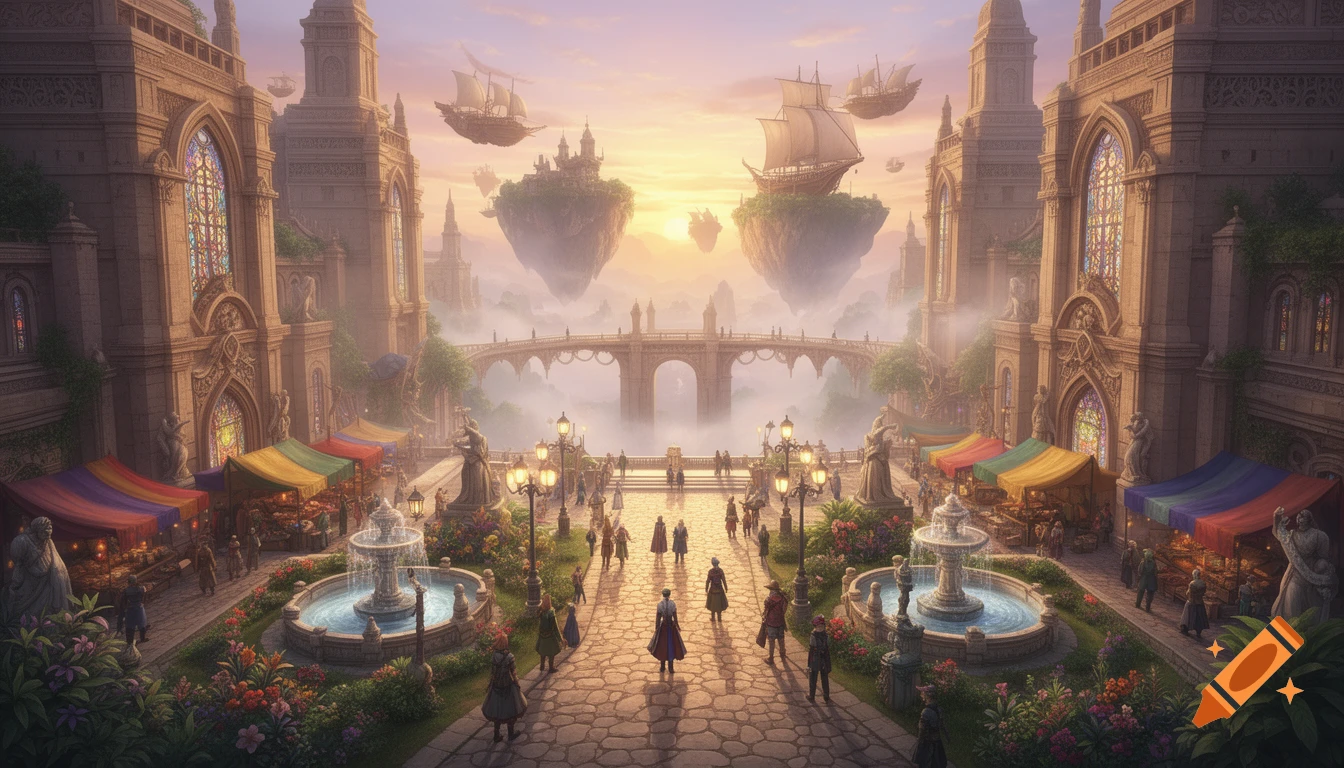 A vibrant fantasy city square with ornate buildings, bustling markets, fountains, and people. Flying ships and castles on floating islands in a misty sunset sky.