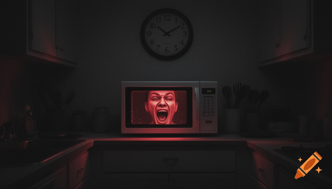 A dimly lit kitchen with a microwave showing a screaming, distorted human face in a red glow, evoking an analog horror aesthetic.