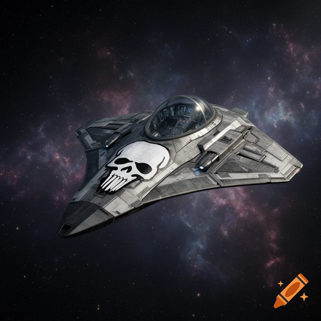 A grey and black star fighter with a large white skull insignia on its hull flies through a starfield with colorful nebulae.