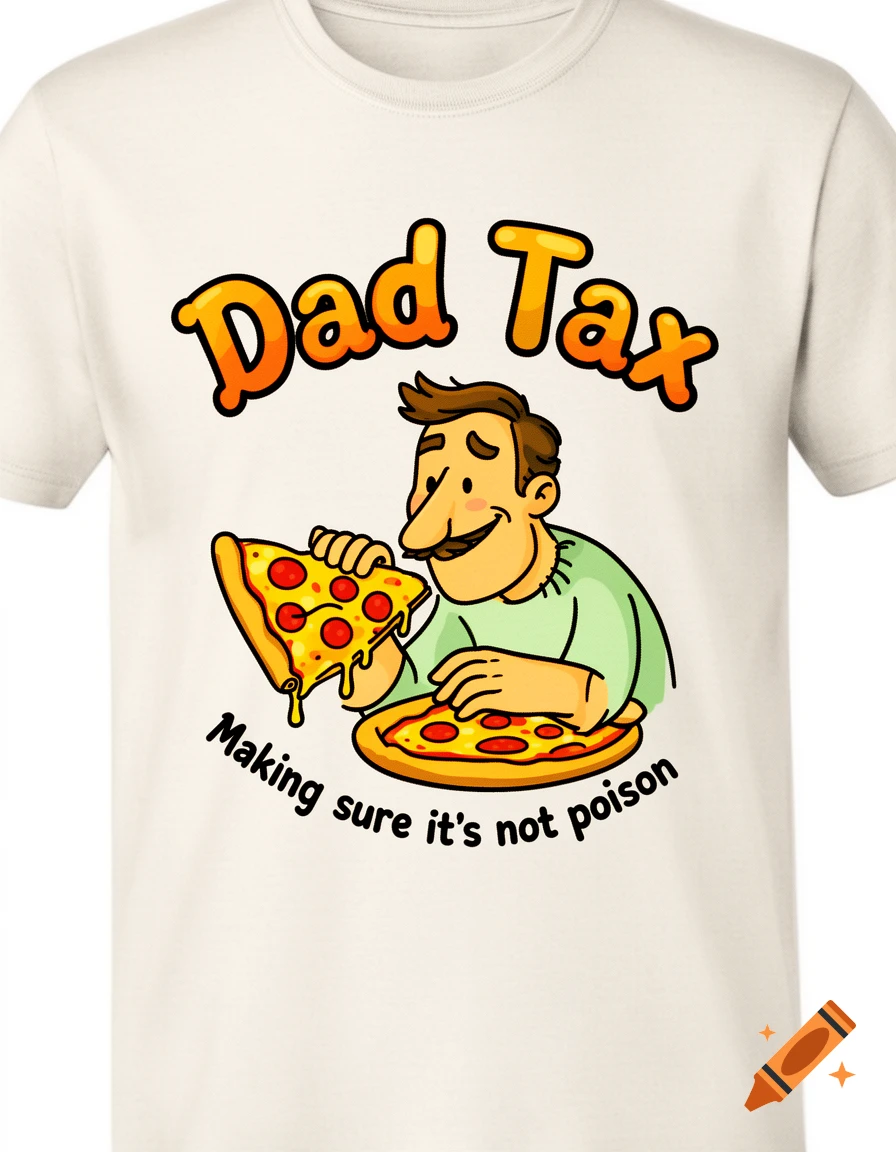 A cartoon illustration on a t-shirt depicts a smiling dad holding a slice of pizza over another pizza, with the text 'Dad Tax' and 'Making sure it's not poison'.