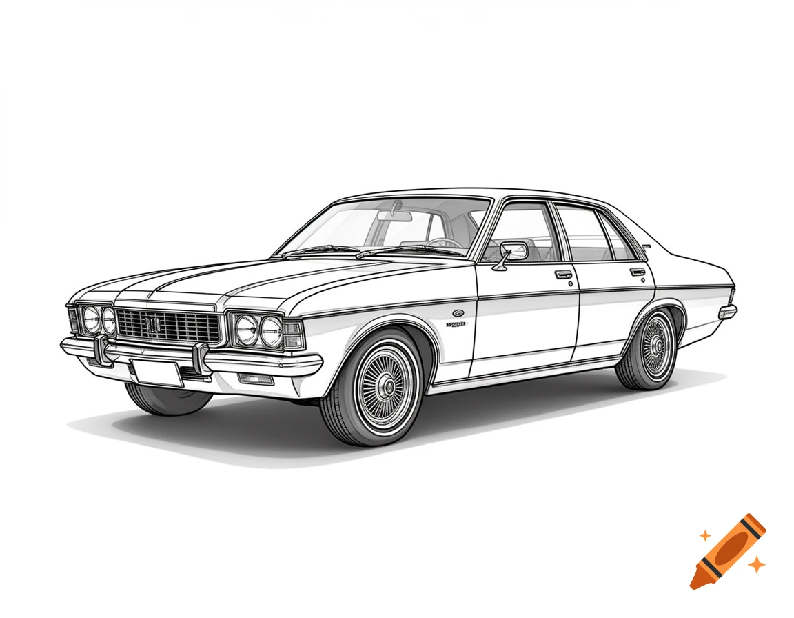 A black and white line drawing of a classic Holden HZ Kingswood Premier sedan on a white background.