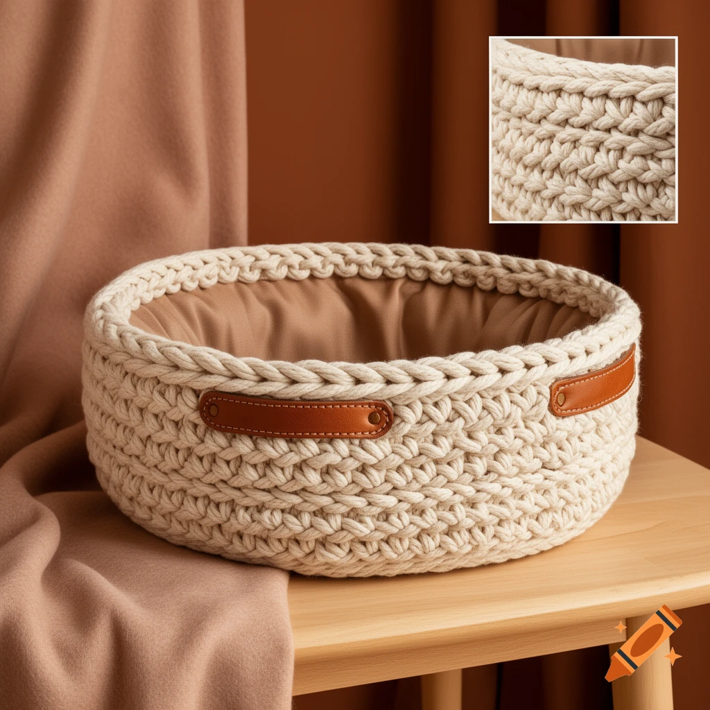 Round cream crocheted basket with brown leather handles and a beige fabric lining, on a wooden surface with a brown background. A close-up inset shows the detailed crochet texture.