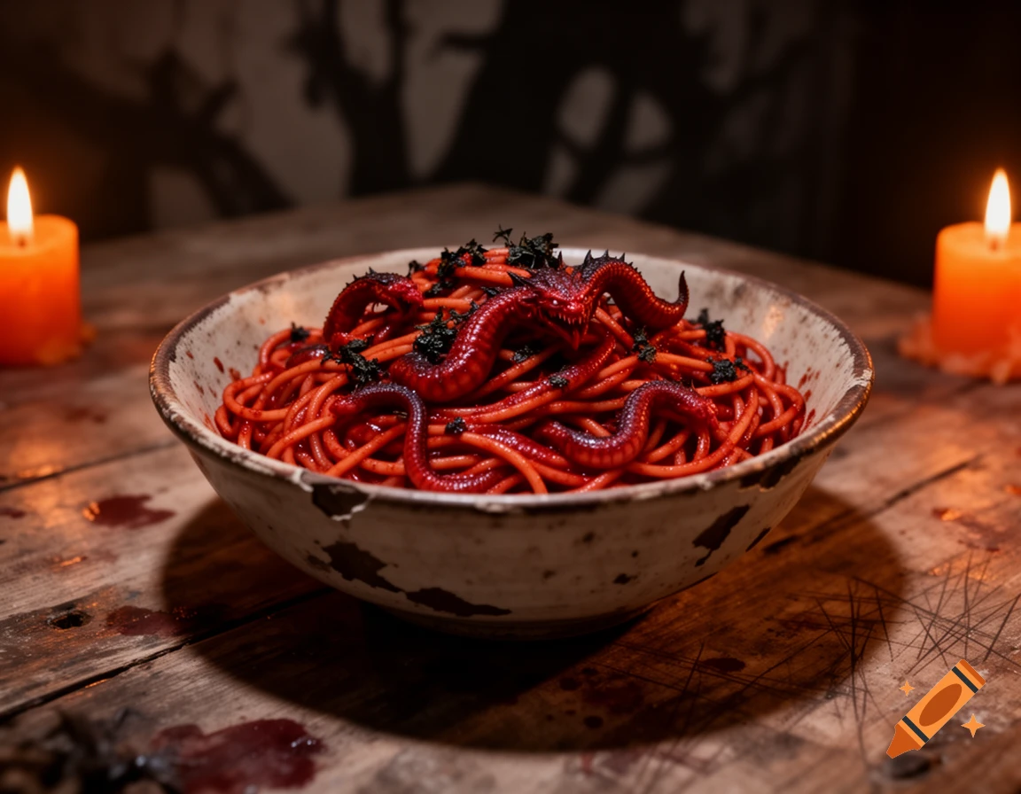 Photorealistic bowl of red spaghetti with demon tentacles and a dragon head, on a candle-lit wooden table.