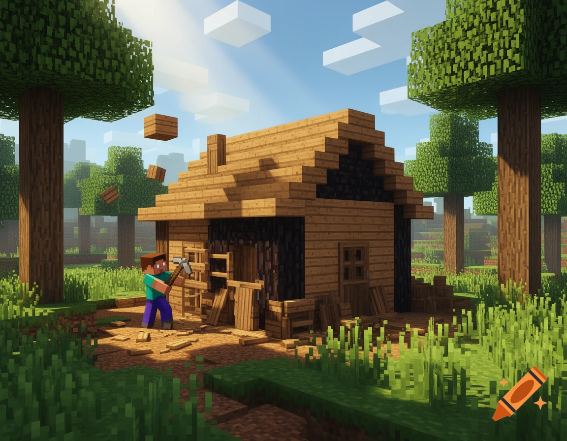 Minecraft character Steve building a wooden house in a blocky forest landscape under a sunny sky.